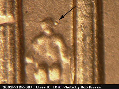 Die-stage A marker on 2001P•1DR•007 (2001 Doubled Die Reverse).