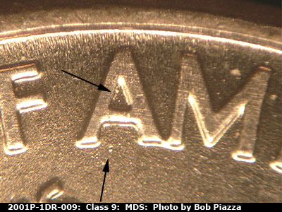 Die-stage B marker on 2001P•1DR•009 (2001 Doubled Die Reverse).