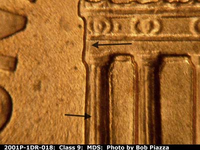 Die-stage B marker on 2001P•1DR•018 (2001 Doubled Die Reverse).