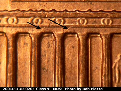 Die-stage B marker on 2001P•1DR•020 (2001 Doubled Die Reverse).