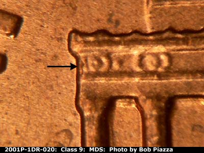 Die-stage B marker on 2001P•1DR•020 (2001 Doubled Die Reverse).