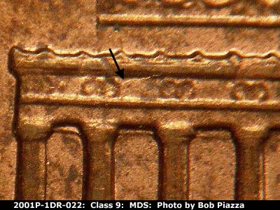 Die-stage B marker on 2001P•1DR•022 (2001 Doubled Die Reverse).