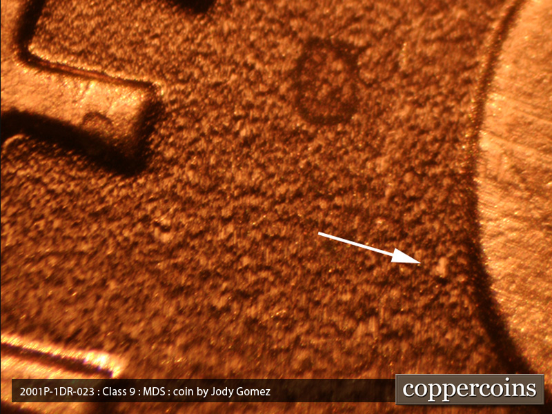 Die-stage B marker on 2001P•1DR•023 (2001 Doubled Die Reverse).