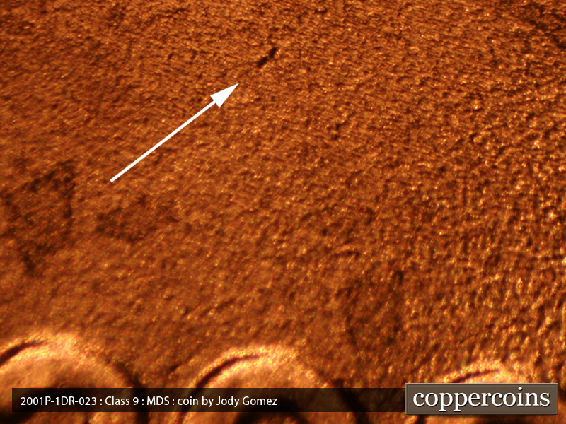 Die-stage B marker on 2001P•1DR•023 (2001 Doubled Die Reverse).