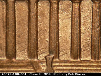Die-stage B marker on 2002P•1DR•001 (2002 Doubled Die Reverse).