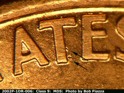 Die-stage B marker on 2002P•1DR•006 (2002 Doubled Die Reverse).