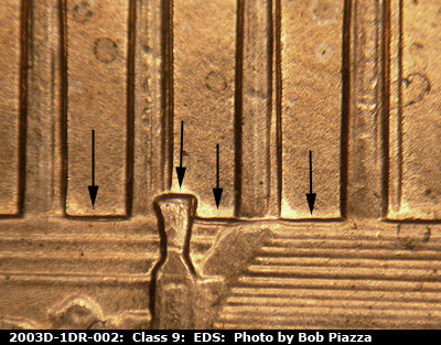 Die-stage A marker on 2003D•1DR•002 (2003 Doubled Die Reverse).