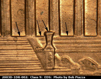 Die-stage A marker on 2003D•1DR•002 (2003 Doubled Die Reverse).
