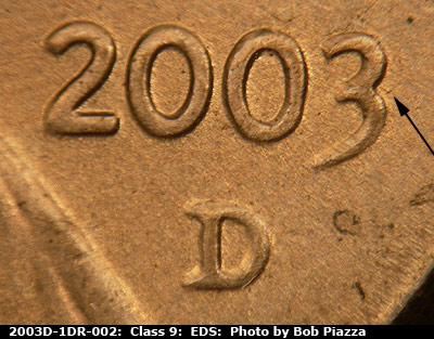 Die-stage A marker on 2003D•1DR•002 (2003 Doubled Die Reverse).