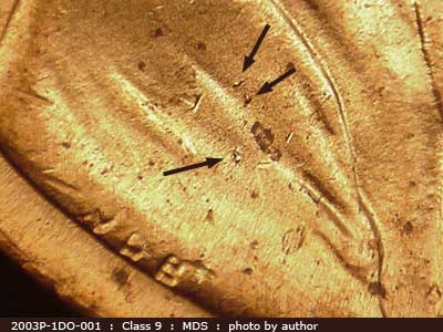 Die-stage B marker on 2003P•1DO•001 (2003 Doubled Die Obverse).