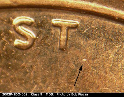 Die-stage B marker on 2003P•1DO•002 (2003 Doubled Die Obverse).