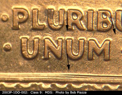 Die-stage B marker on 2003P•1DO•002 (2003 Doubled Die Obverse).