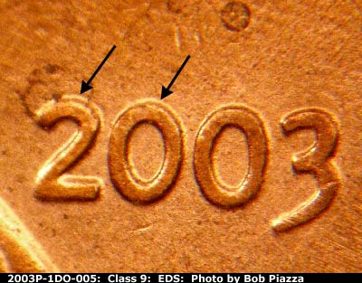 Die-stage A marker on 2003P•1DO•005 (2003 Doubled Die Obverse).