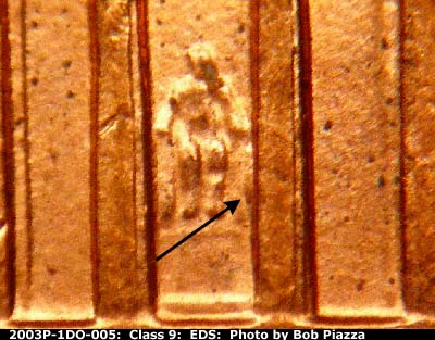 Die-stage A marker on 2003P•1DO•005 (2003 Doubled Die Obverse).