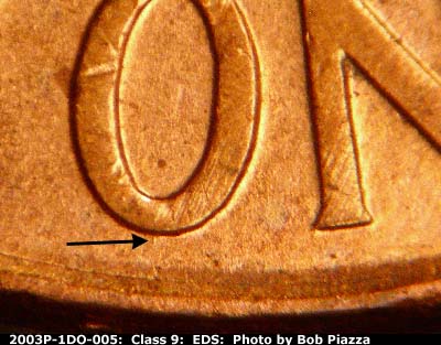 Die-stage A marker on 2003P•1DO•005 (2003 Doubled Die Obverse).