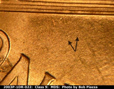 Die-stage B marker on 2003P•1DR•022 (2003 Doubled Die Reverse).