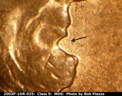 Die-stage B marker on 2003P•1DR•025 (2003 Doubled Die Reverse).