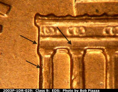 Die-stage A marker on 2003P•1DR•029 (2003 Doubled Die Reverse).