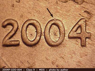 Die-stage B marker on 2004P•1DO•004 (2004 Doubled Die Obverse).