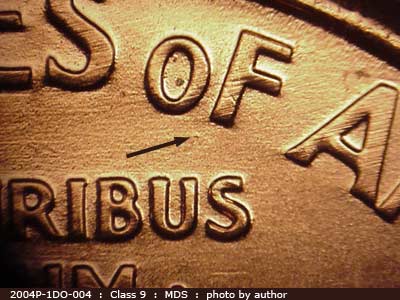 Die-stage B marker on 2004P•1DO•004 (2004 Doubled Die Obverse).