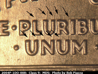 Die-stage B marker on 2004P•1DO•008 (2004 Doubled Die Obverse).