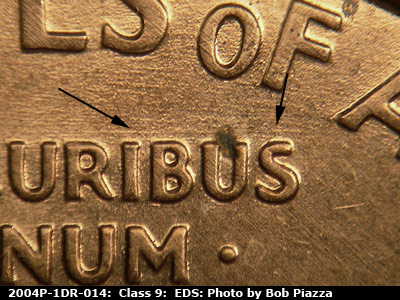 Die-stage A marker on 2004P•1DR•014 (2004 Doubled Die Reverse).