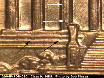 Die-stage B marker on 2004P•1DR•020 (2004 Doubled Die Reverse).