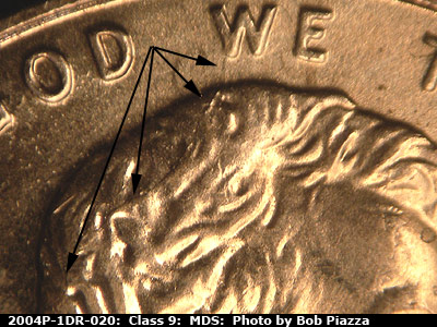 Die-stage B marker on 2004P•1DR•020 (2004 Doubled Die Reverse).
