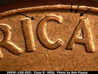 Die-stage B marker on 2005P•1DR•003 (2005 Doubled Die Reverse).