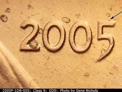 Die-stage A marker on 2005P•1DR•005 (2005 Doubled Die Reverse).
