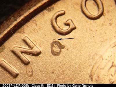 Die-stage A marker on 2005P•1DR•005 (2005 Doubled Die Reverse).
