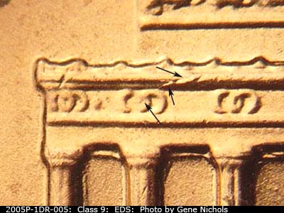Die-stage A marker on 2005P•1DR•005 (2005 Doubled Die Reverse).