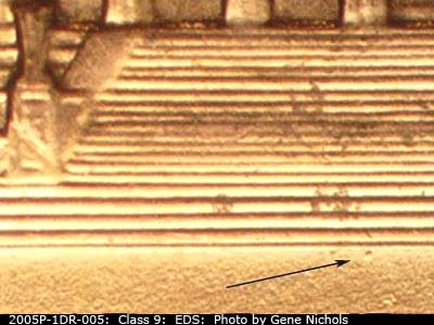 Die-stage A marker on 2005P•1DR•005 (2005 Doubled Die Reverse).
