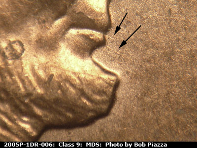 Die-stage B marker on 2005P•1DR•006 (2005 Doubled Die Reverse).