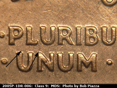 Die-stage B marker on 2005P•1DR•006 (2005 Doubled Die Reverse).