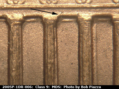 Die-stage B marker on 2005P•1DR•006 (2005 Doubled Die Reverse).