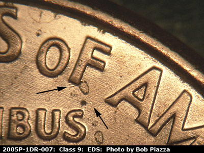 Die-stage A marker on 2005P•1DR•007 (2005 Doubled Die Reverse).
