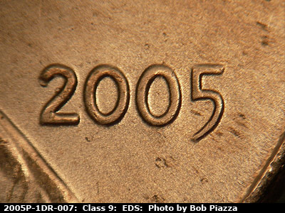 Die-stage A marker on 2005P•1DR•007 (2005 Doubled Die Reverse).