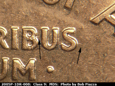 Die-stage B marker on 2005P•1DR•008 (2005 Doubled Die Reverse).
