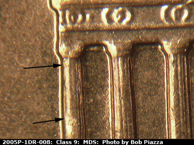Die-stage B marker on 2005P•1DR•008 (2005 Doubled Die Reverse).
