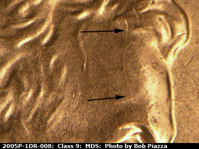 Die-stage B marker on 2005P•1DR•008 (2005 Doubled Die Reverse).