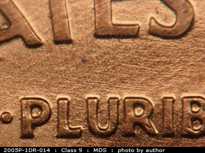 Die-stage B marker on 2005P•1DR•014 (2005 Doubled Die Reverse).