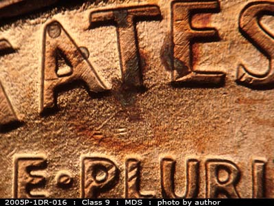 Die-stage B marker on 2005P•1DR•016 (2005 Doubled Die Reverse).