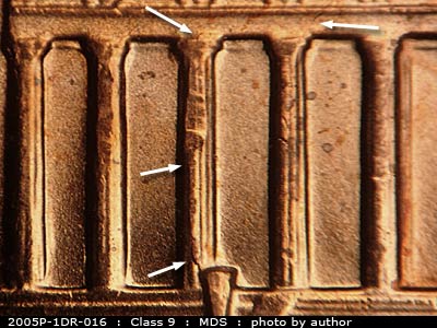 Die-stage B marker on 2005P•1DR•016 (2005 Doubled Die Reverse).