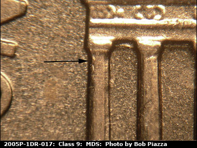 Die-stage B marker on 2005P•1DR•017 (2005 Doubled Die Reverse).
