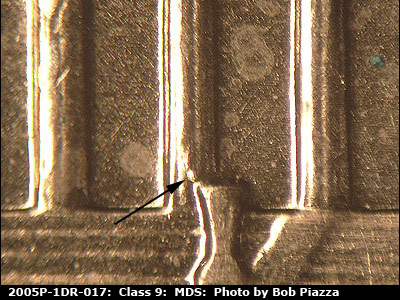 Die-stage B marker on 2005P•1DR•017 (2005 Doubled Die Reverse).
