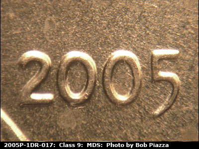Die-stage B marker on 2005P•1DR•017 (2005 Doubled Die Reverse).