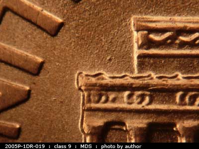 Die-stage B marker on 2005P•1DR•019 (2005 Doubled Die Reverse).