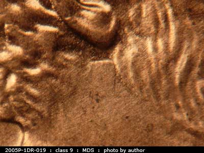 Die-stage B marker on 2005P•1DR•019 (2005 Doubled Die Reverse).