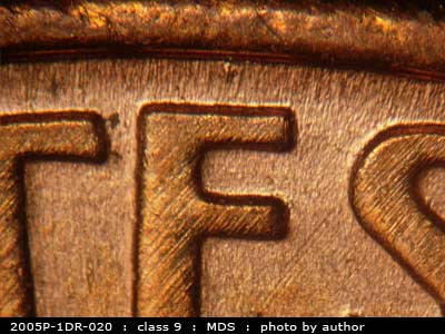 Die-stage B marker on 2005P•1DR•020 (2005 Doubled Die Reverse).
